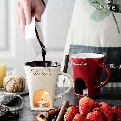 Fondue Mug Set – Mini Personal Fondue Pots with chocolate being poured into ceramic mugs.