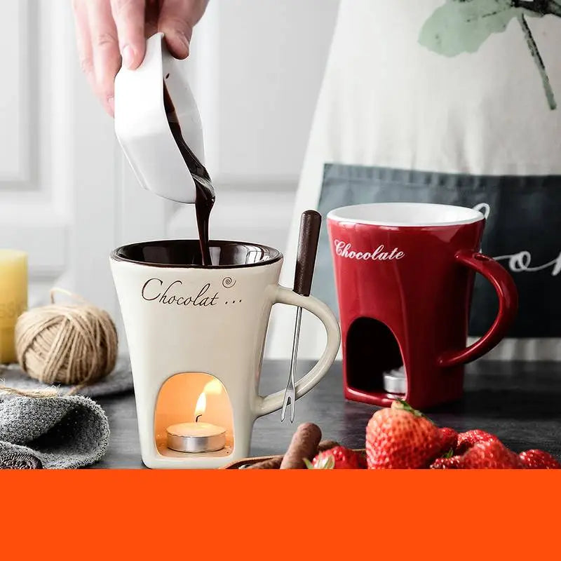 Fondue Mug Set – Mini Personal Fondue Pots with melted chocolate and fresh strawberries.