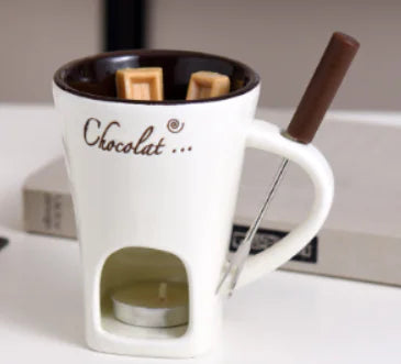 Fondue Mug Set – Mini Personal Fondue Pots featuring a ceramic mug with chocolate melting feature and fondue accessories.