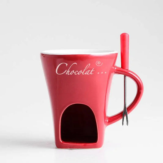Fondue Mug Set – Mini Personal Fondue Pots with red ceramic cup and fork for melting chocolate.